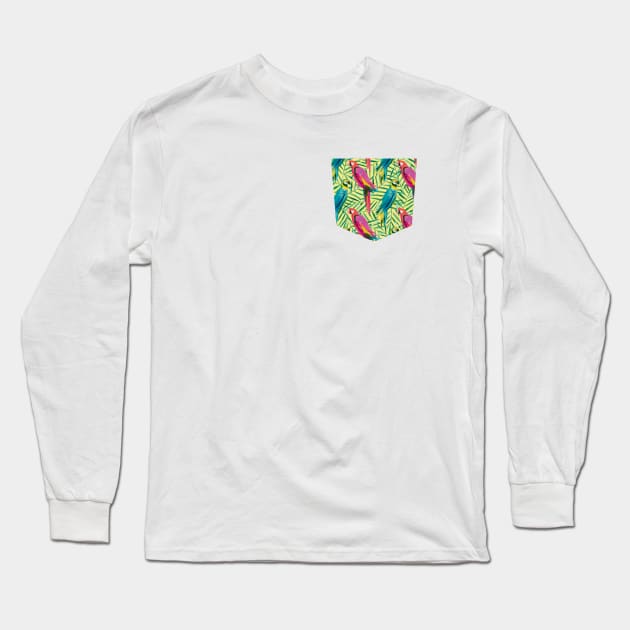 Pocket- watercolor tropical palms parrots Long Sleeve T-Shirt by ninoladesign